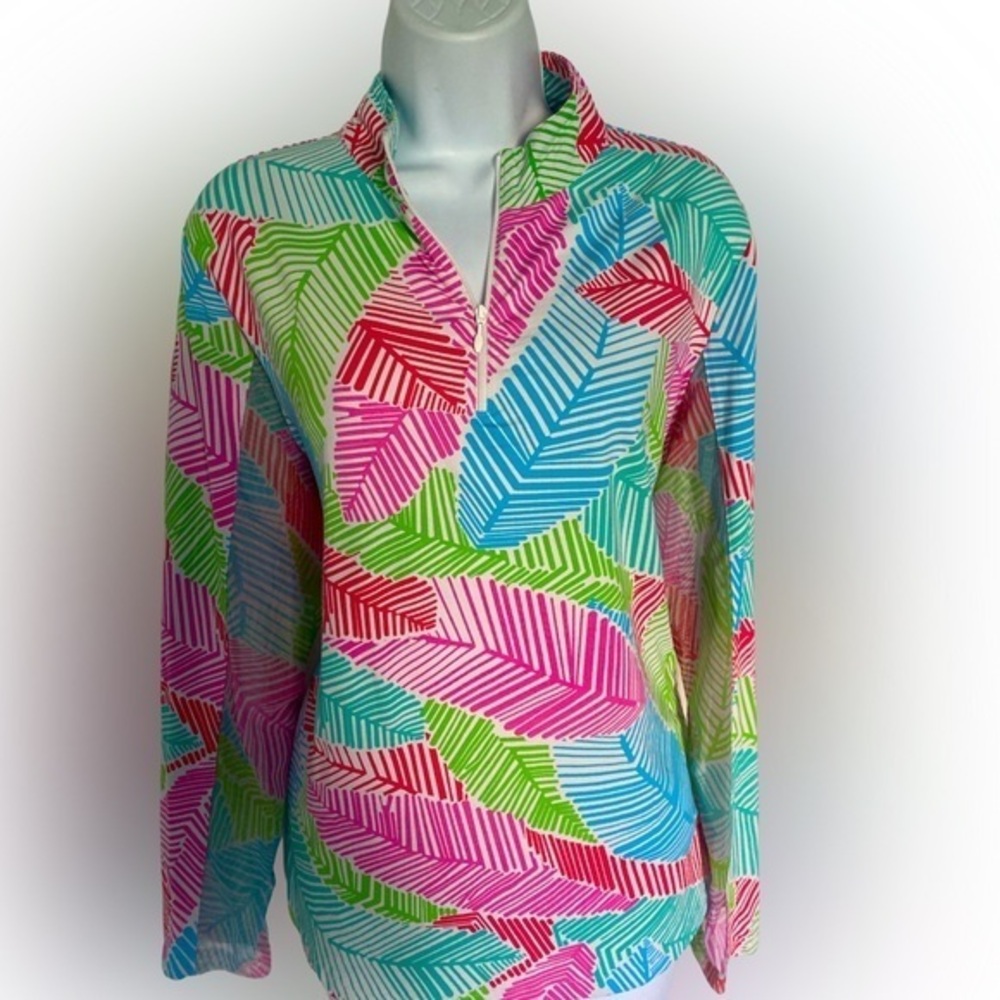 Ibkul UPF50 Quarter Zip Top - M blue green palm fronds